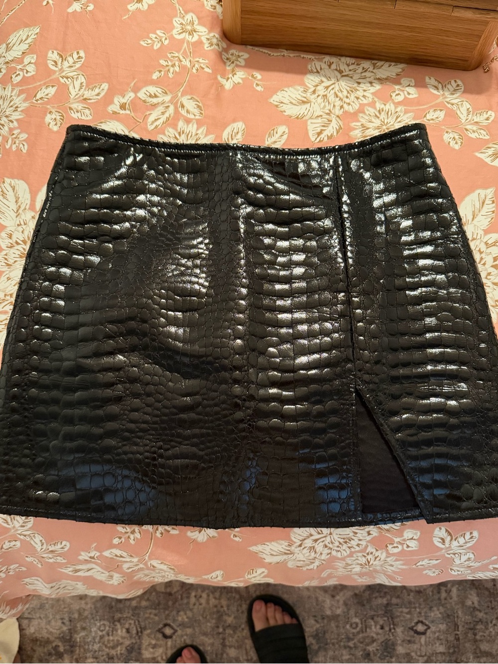 Black Faux Croc Mini Skirt with Front Slit - Unbranded